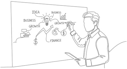 Line art illustration of a businessman drawing a business strategy mind map with ideas, growth, and finance on a whiteboard while holding a tablet.
