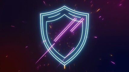Vibrant neon shield icon with glowing outlines and dynamic diagonal lines, symbolizing robust digital protection and cybersecurity in a modern, abstract style