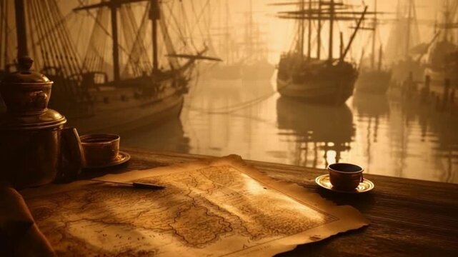 An antique map and teacup on a table overlooking a misty harbor filled with historic sailing ships.