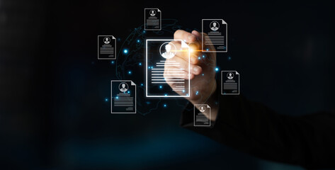Concept of global talent acquisition and hiring. Human resources department reviewing candidate curriculum vitae and resumes for a job search and workforce selection process. Fermion