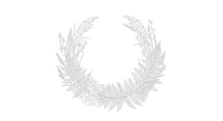Elegant line art illustration of a botanical wreath featuring delicate leaves and grain elements on a white background.