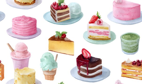 Hand-painted cakes, desserts hand-painted with markers, various styles of dessert cakes on plates, cut cakes, ice cream in cups, fruit decorations, rich colors and layers, pink, yellow, green, brown, 