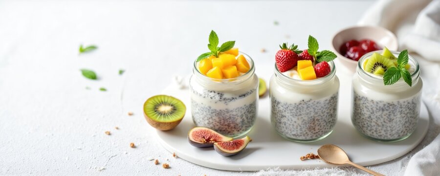 Three layered chia seed puddings topped with mango kiwi strawberry fig with mint served in glass jars on table. Dessert bowls with berries jam and fresh fruits. Healthy breakfast variations for diet.