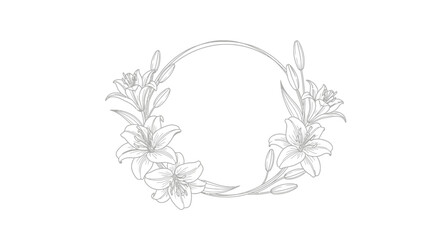 Elegant line art illustration of a delicate lily floral wreath, forming an incomplete circular frame on a white background, perfect for invitations.