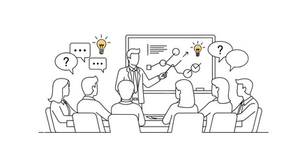 A line drawing of a business meeting or educational presentation with a speaker and audience, showing interaction, ideas, and questions.