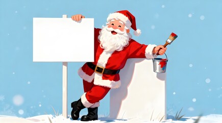 Creative Santa Claus leaning on a white sign, he is holding a paintbrush and a paint bucket