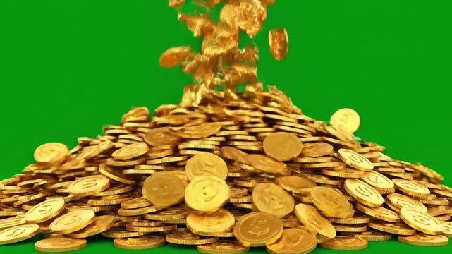 Gold Coins Falling on Green Screen Background Animation.