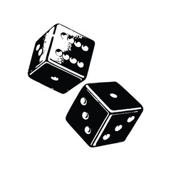 Black and white vintage retro style illustration of classic dice, vector grunge texture