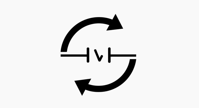 Black and white graphic of an electrical symbol, possibly a variable resistor or voltage source, encircled by two opposing curved arrows indicating a cycle or exchange.
