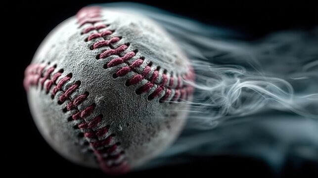 Flaming baseball isolated on pure black, fiery tail frozen in mid-air—high-impact shot for MLB playoff poster, sports-brand hero or energy-drink ad.