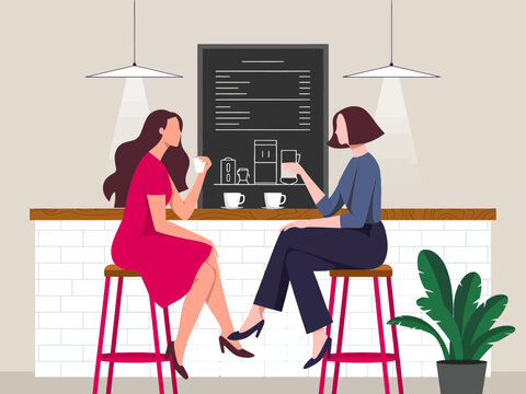 This illustration captures two women chatting over coffee at a stylish cafe, showcasing the warm social atmosphere and their joyful expressions in a contemporary design.