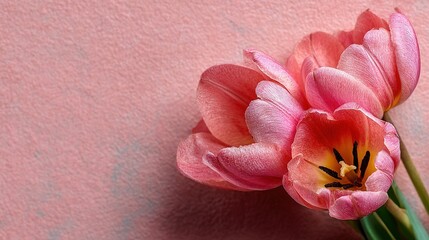 Pink-on-pink flat lay tulips: seamless pastel blooms, right-side copy-space, high-res top view—perfect for Women’s Day or Mother’s Day web banner and sale promo.