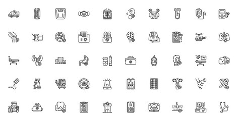 Medical services icon set. Healthcare vector icons pck. Includes ambulance, thrmometer, weight scale, meical mask, X-rays, stethosope, pills, vaccine, surgey and more. Editable strok.