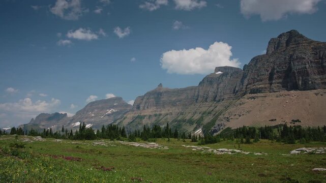 A mountain landscape with nearby meadow near Logan Pass, Glacier National Park, MT