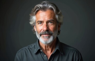 Obraz premium Mature man with grey hair and beard looks forward. He wears a dark shirt in studio setting. His expression is serious thoughtful. He appears wise confident.