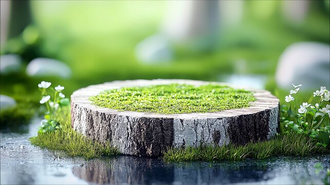 A natural podium made of a moss-covered tree stump sits on a reflective surface, surrounded by grass and small white flowers.