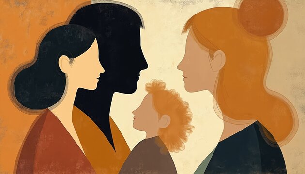 Abstract illustration shows family profiles together. Parents, child connected closely. Warm earth tones, sepia colors create modern art piece. Cubist inspired artwork love, unity, support in unique