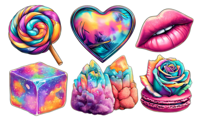 Colorful Neon Miniature Illustrations of Sweets, Gems, and Floral Designs