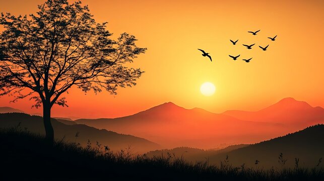 Beautiful Sunset and silhouettes of trees, birds in the mountains