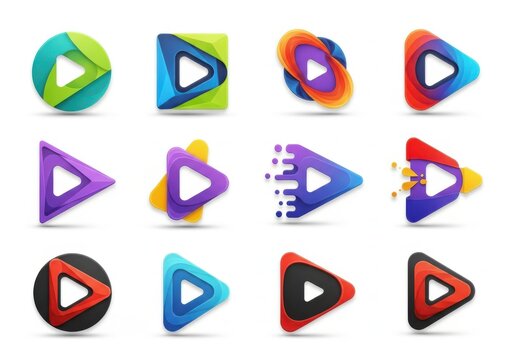 Collection of modern abstract play button icons with vibrant gradient colors