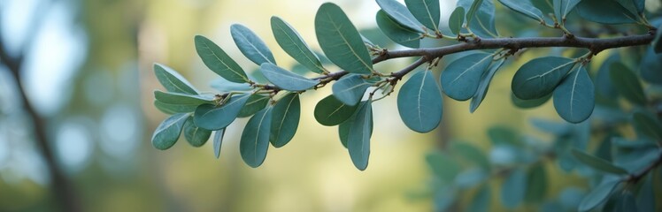 Eucalyptus branch with green leaves. Nature plant with detailed foliage in soft light. Out of focus background with bokeh effect. Natural abstract banner.