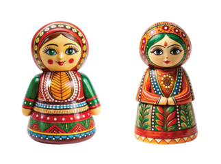 Folk Wooden Doll Painted by Hand: Traditional hand-painted wooden folk doll in bright ethnic colors, cultural craftsmanship, clear detail, PNG cut out.