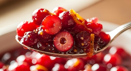 Close-up of a spoon filled with homemade cranberry sauce, showcasing the vibrant red berries.