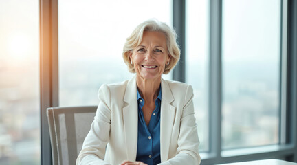Elderly business woman smiles confidently in modern office interior. Wears pro blazer, blue shirt. Mature female leader looks happy, successful at corporate job. Sits relaxed at desk, representing