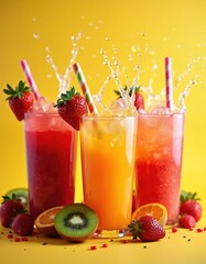 Three fresh fruit drinks splash on bright yellow background. Glasses hold colorful liquids, ice, striped straws, garnished with whole strawberries. Fresh kiwi, orange slices, small red berries