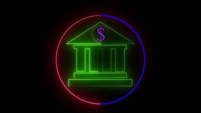 Bank icon animation by purple neon on black background. 4k