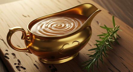 A golden gravy boat filled with rich brown gravy, garnished with a sprig of fresh rosemary on a rustic wooden board.