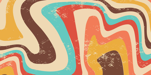 Abstract Retro 70s colorful sun with rays on vintage background. Groovy banner, poster or postcard. Vector illustration.