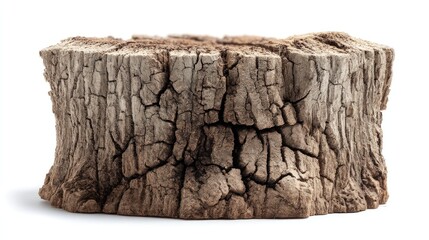 Weathered tree trunk segment, showing a heavily cracked and textured surface against a bright white background