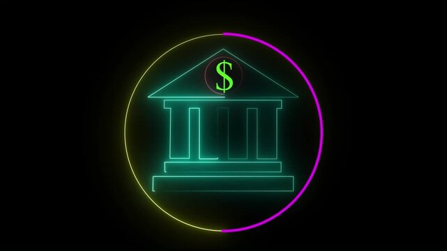 Bank icon animation by purple neon on black background. 4k