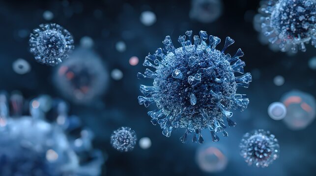Microscopic View of Virus Particles in Dark Blue Background with Glowing Details and Bokeh Effect