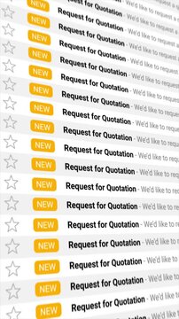 Request for Quotation emails populate a digital inbox in large numbers. highlighting new incoming business communication and procurement requests. Perfect for corporate and finance visuals.