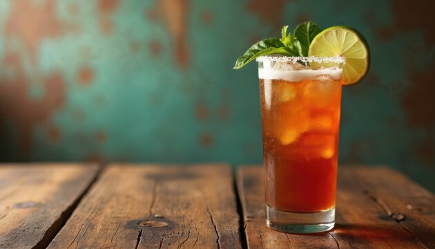 Michelada cocktail stands on rustic wooden table. Refreshing alcoholic beverage made with beer, lime, spices. Traditional Mexican drink is garnished by lime and fresh mint leaves.