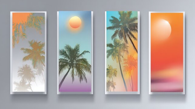 Set of Four Abstract Tropical Landscape at Sunset with Palm Trees and Blured Color Palette, Vector Illustrations for Phone Wallpapers or Backgrounds