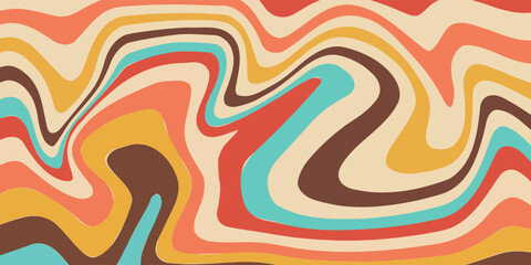 Abstract Retro 70s colorful sun with rays on vintage background. Groovy banner, poster or postcard. Vector illustration.