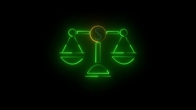 Glowing Neon Dollar & Scales of Justice Icon &ndash; Court of Law Symbol Animation