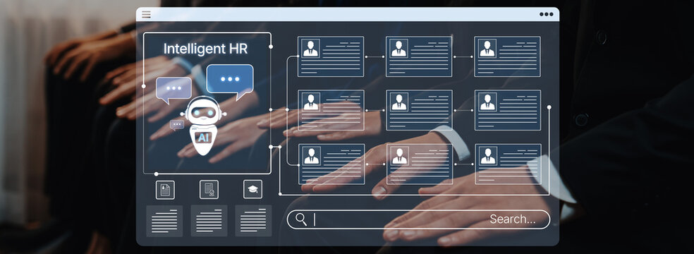 Discover a digital interface showcasing modern human resource technology, emphasizing efficiency, automation, and employee engagement in a professional setting. Trope
