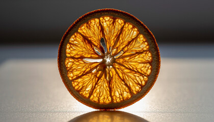 Dried orange slice glowing with warm light, a vibrant healthy snack for mindful eating, perfect for food blogs or wellness campaigns, healthy lifestyle
