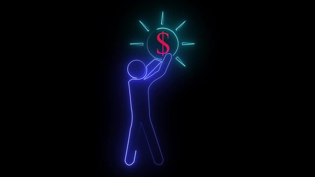 Neon Glowing Man Raising Dollar Symbol Above Head on Black Background