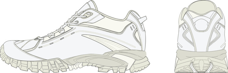 Detailed athletic sneaker illustration showing side and back views, sports shoe design template, technical footwear drawing for branding, fashion product development