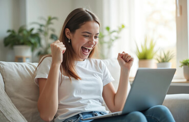 Young woman rejoices winning lottery online. Lady with laptop celebrates good news at home. Female student cheers success after exam result notification.