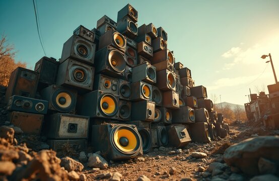 Big pile of old rusty speakers on ground. Speakers stacked in junkyard under blue sky. Loudspeakers of different size and shape are near damaged road. Concept of outdated sound tech.