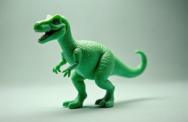 Obraz premium Green Tyrannosaurus Rex toy stands against simple studio background. Its mouth open revealing teeth. Dinosaur model shows skin texture. Paleontology concept. Good for books covers, print products.