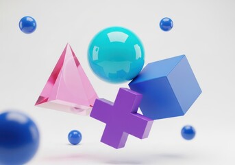 Abstract 3d geometric shapes including a sphere, cube, pyramid, and cross, floating in space isolated on white background