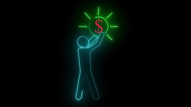 Neon Glowing Man Raising Dollar Symbol Above Head on Black Background