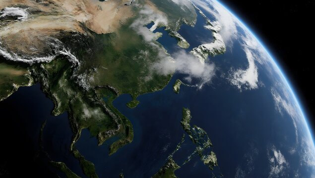 The Earth / is partially illuminated with visible continents and oceans / in space.